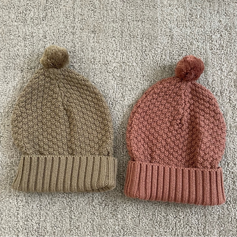 Quincy Mae Knit Pom Beanie Bundle, Size 1-3 Y, Olive, Clay